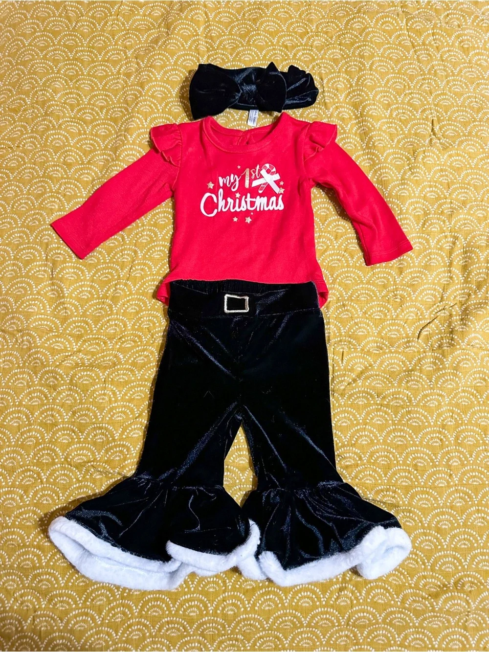 Baby Girls Red 'My 1st Christmas' Holiday Outfit with Black Velvet Pants